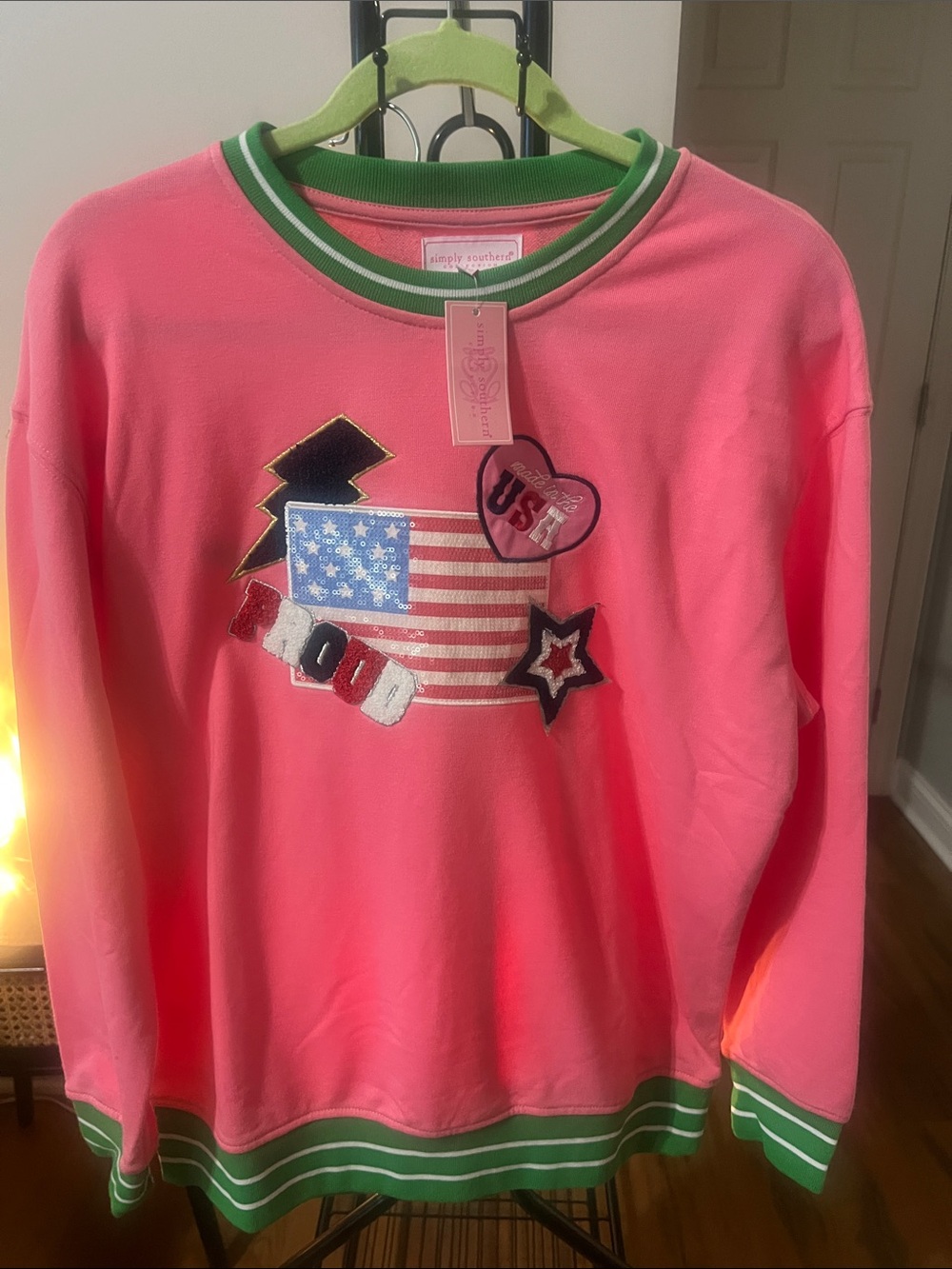 Simply Southern Pink Sweatshirt with Green Striped Trim